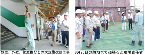 （左）教室、外壁、管交換などの大規模改修工事、（右）８月２５日の納期まで頑張ると現場責任者